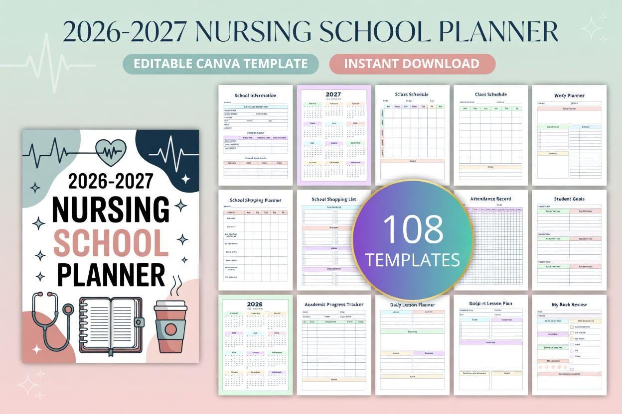 2026-2027 Nursing School Planner Canva Template | Nursing Student Organizer | KD - image 1