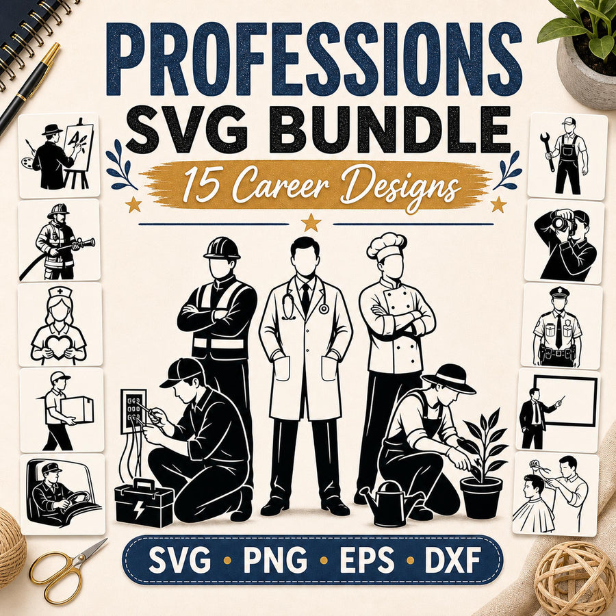 15 Professions SVG Bundle Silhouette | Career Job PNG Cut Files for Cricut | Com - image 1