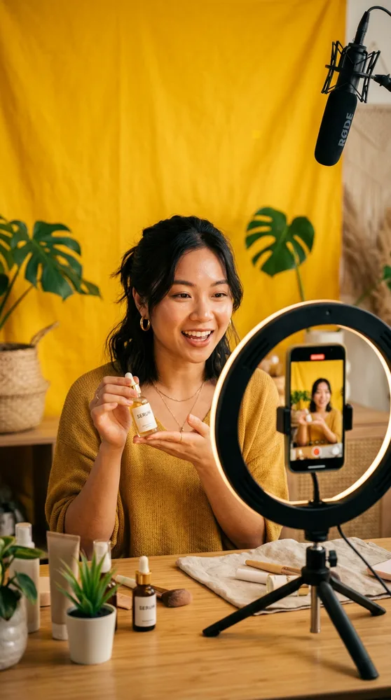 Beauty creator filming a product review