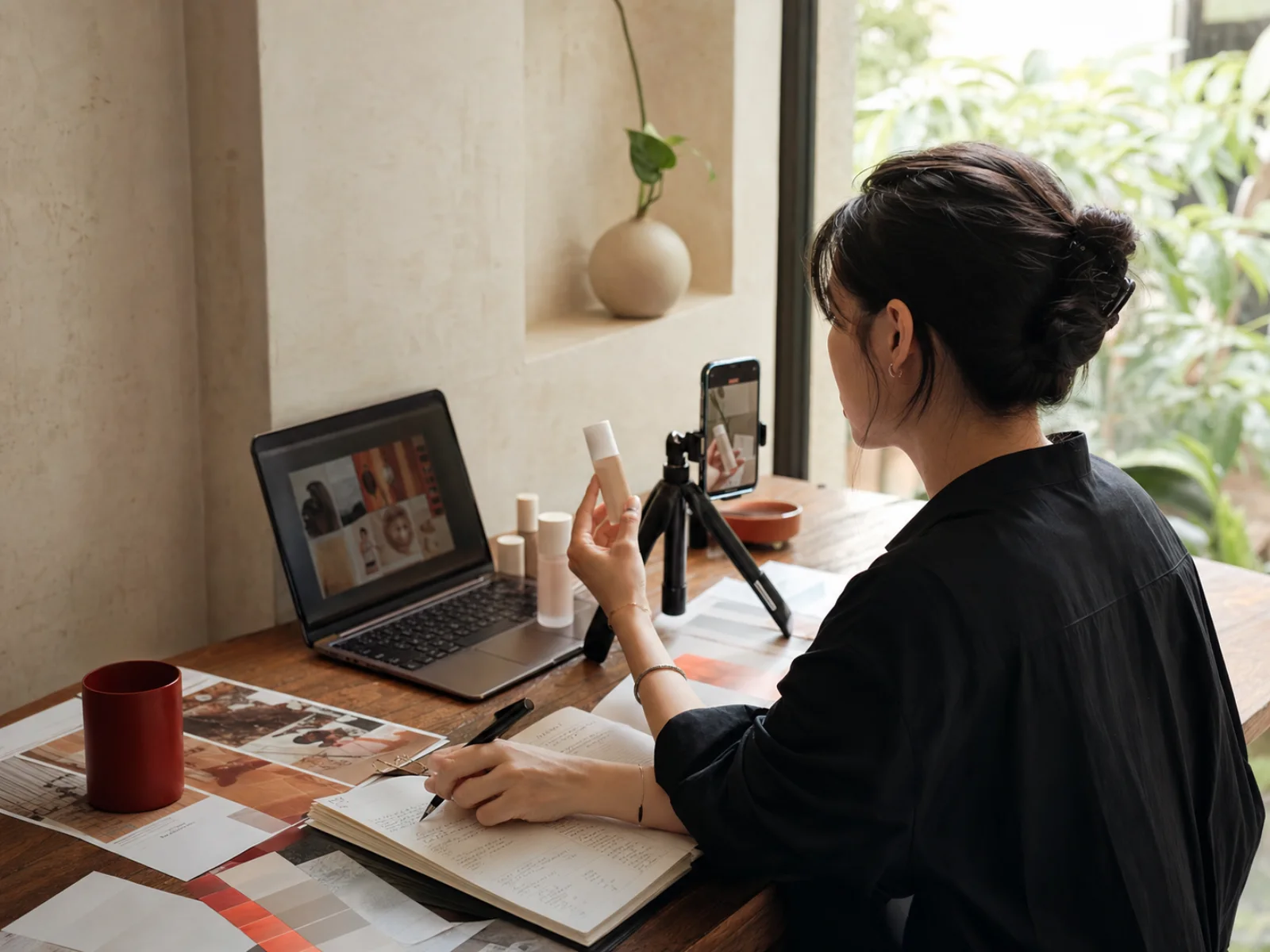 A content strategist planning and filming an unbranded beauty campaign at a working desk