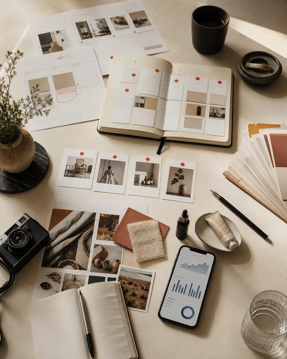An overhead content operations desk with campaign planning, production, and analytics materials