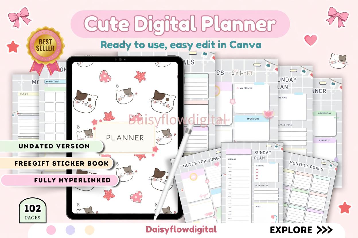 Editable Cute Cat Digital Planner | Canva Template | GoodNotes Notability | Unda - image 1