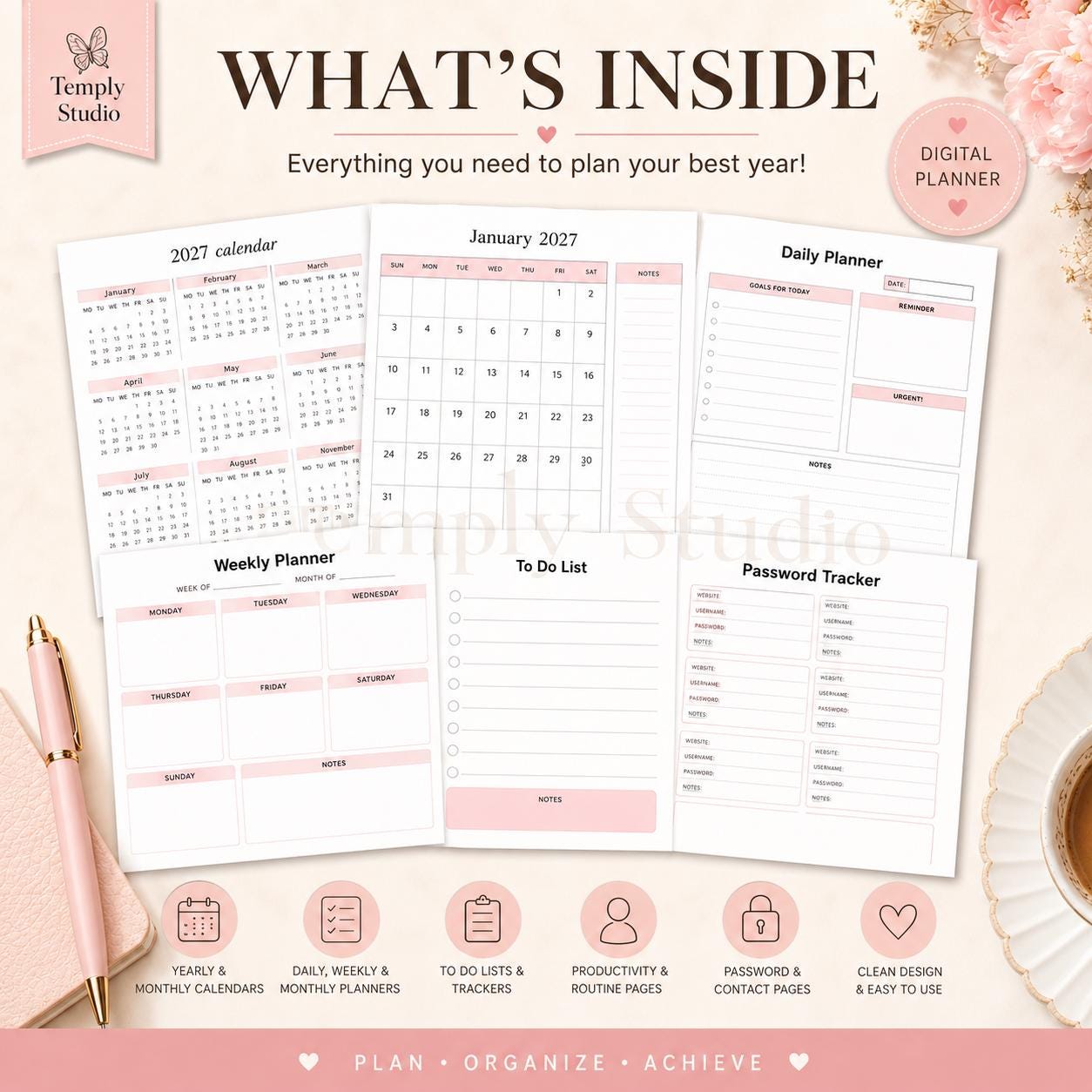 2027 Life Planner Digital | Dated Daily Weekly and Monthly Planner | Pink Floral Desi - image 5