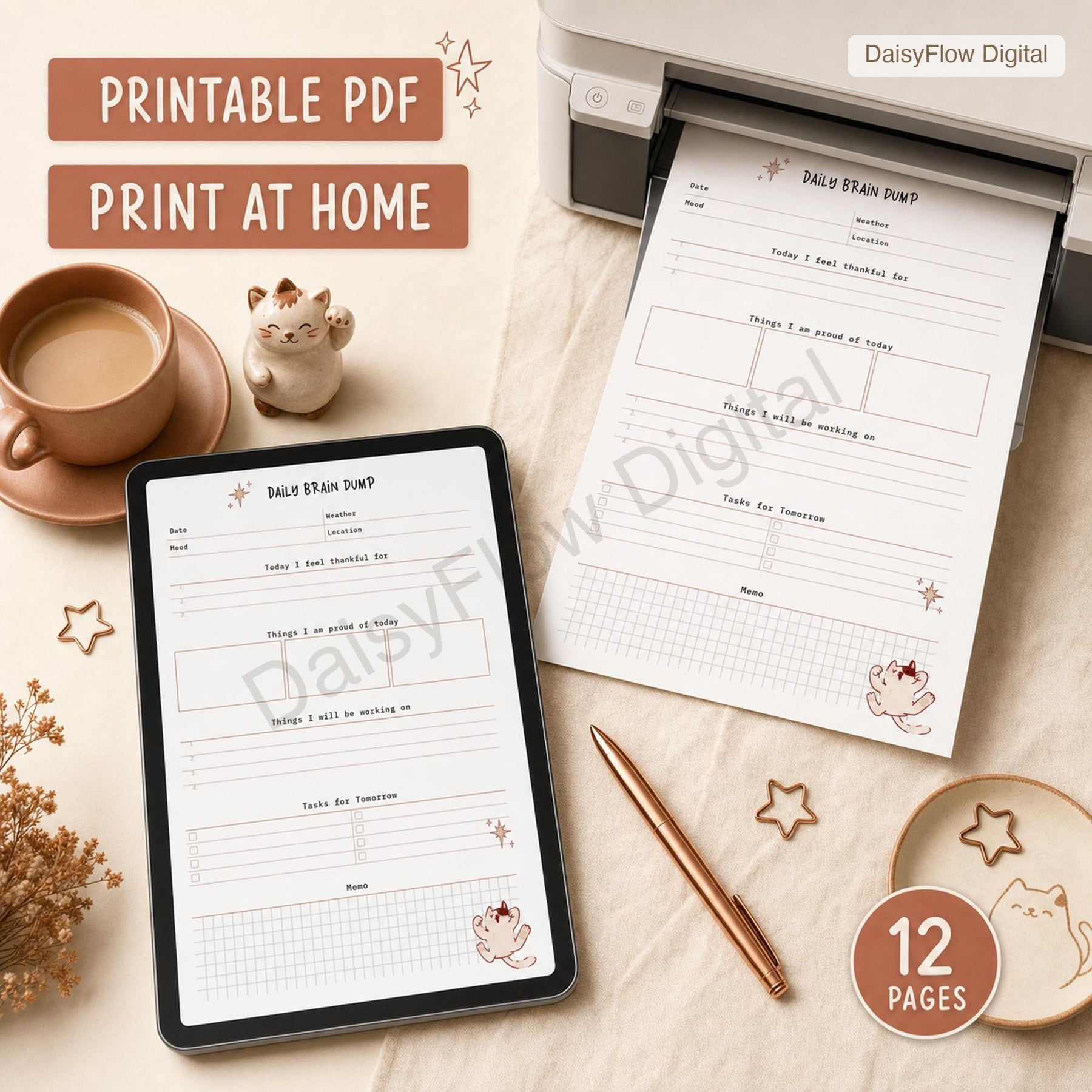 12 Page Cute Cat Daily Brain Dump Printable | Anxiety Journal and To Do List | Mental - image 5