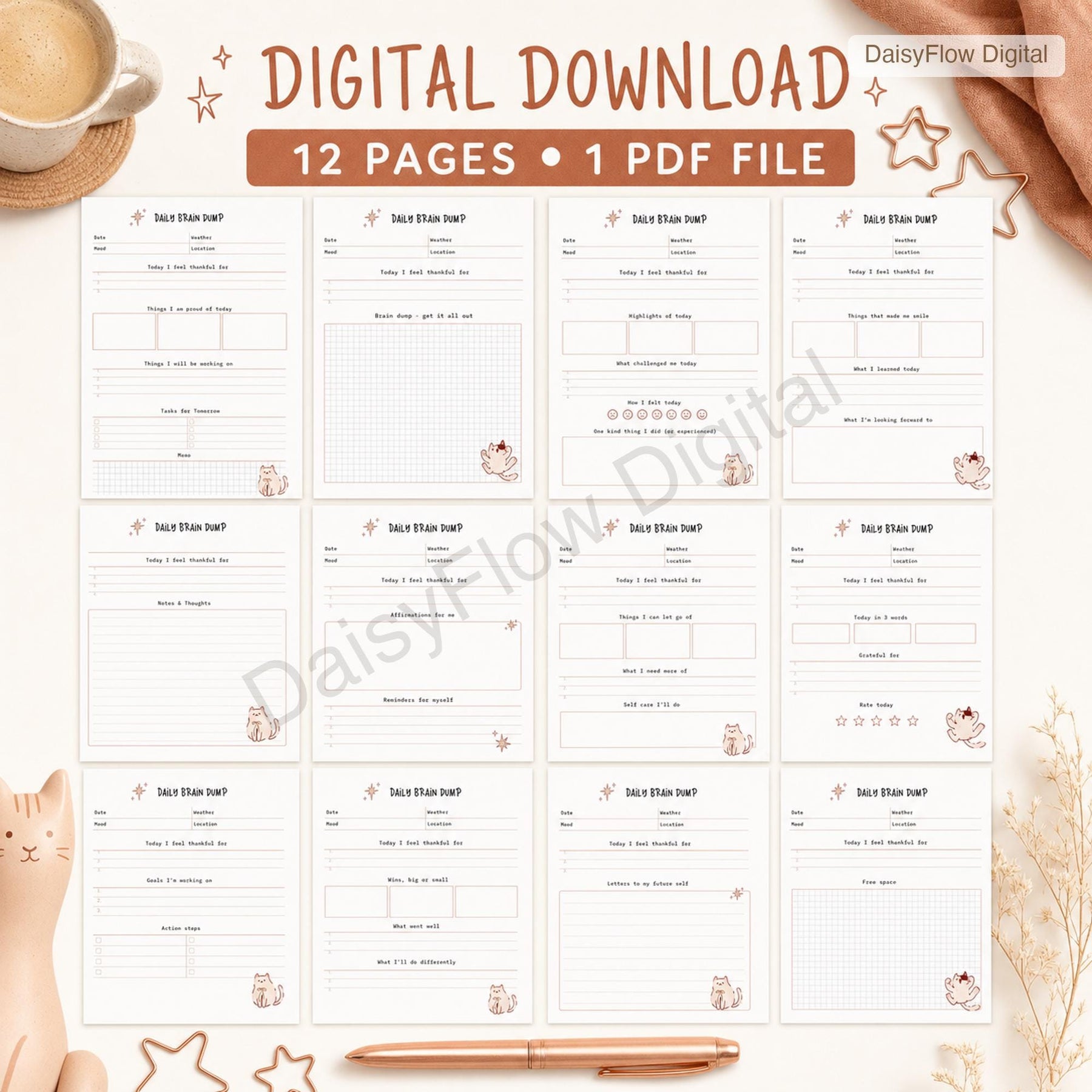 12 Page Cute Cat Daily Brain Dump Printable | Anxiety Journal and To Do List | Mental - image 8