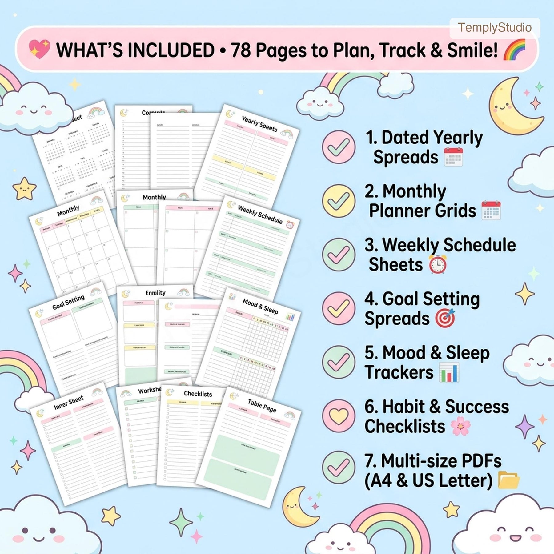 Cute Digital Planner, Undated Digital Planner, 78-Page Pastel Rainbow Planner, H - image 3