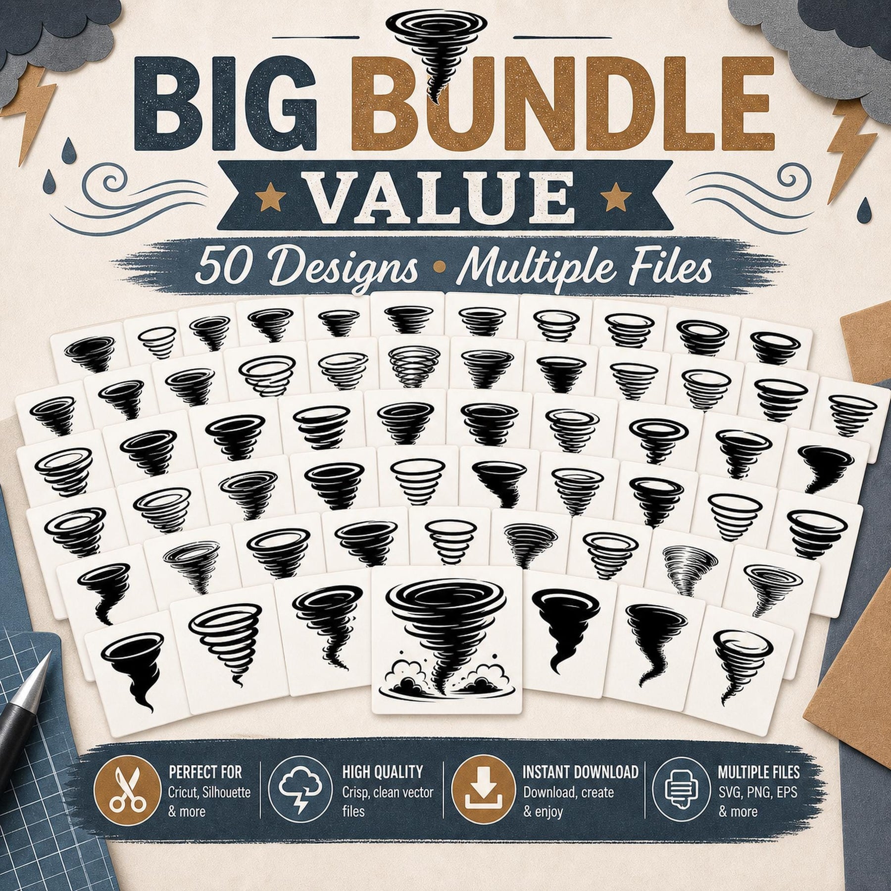 50 Tornado Silhouette SVG Bundle | Storm SVG Cut Files for Cricut | Twister Clipart P - image 5