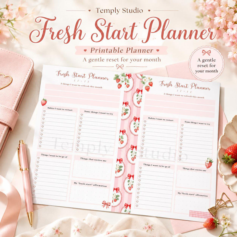 Fresh Start Planner Printable | Strawberry Aesthetic Monthly Reset Journal Page  - image 1