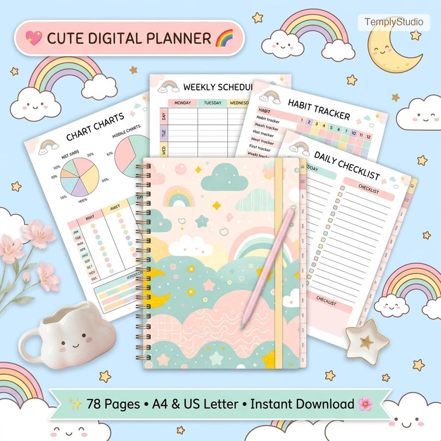 Undated Cute Digital Planner | Pastel Rainbow Planner for iPad compatible with GoodNo - image 1