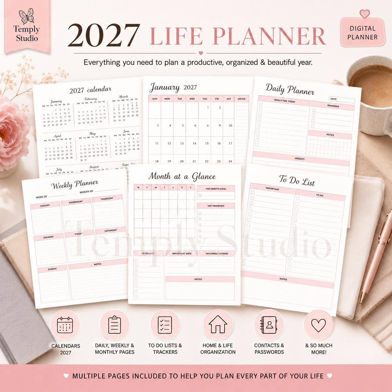 2027 Life Planner Digital | Dated Daily Weekly and Monthly Planner | Pink Floral Desi - image 2