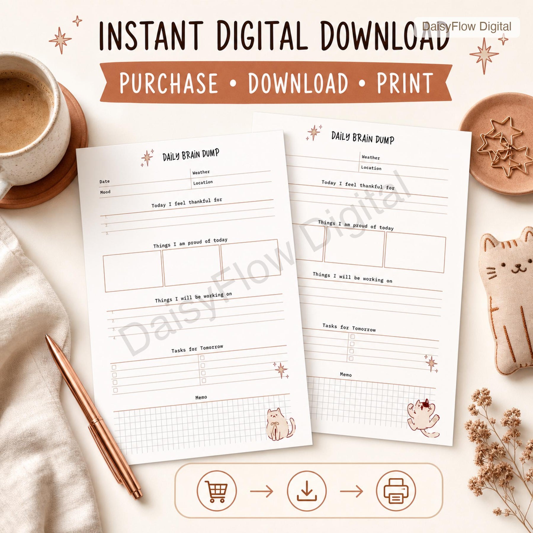12 Page Cute Cat Daily Brain Dump Printable | Anxiety Journal and To Do List | Mental - image 4