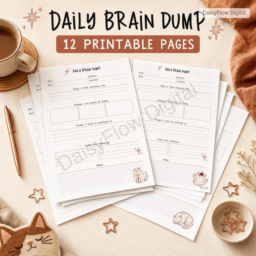 12 Page Cute Cat Daily Brain Dump Printable | Anxiety Journal and To Do List | Mental - image 1