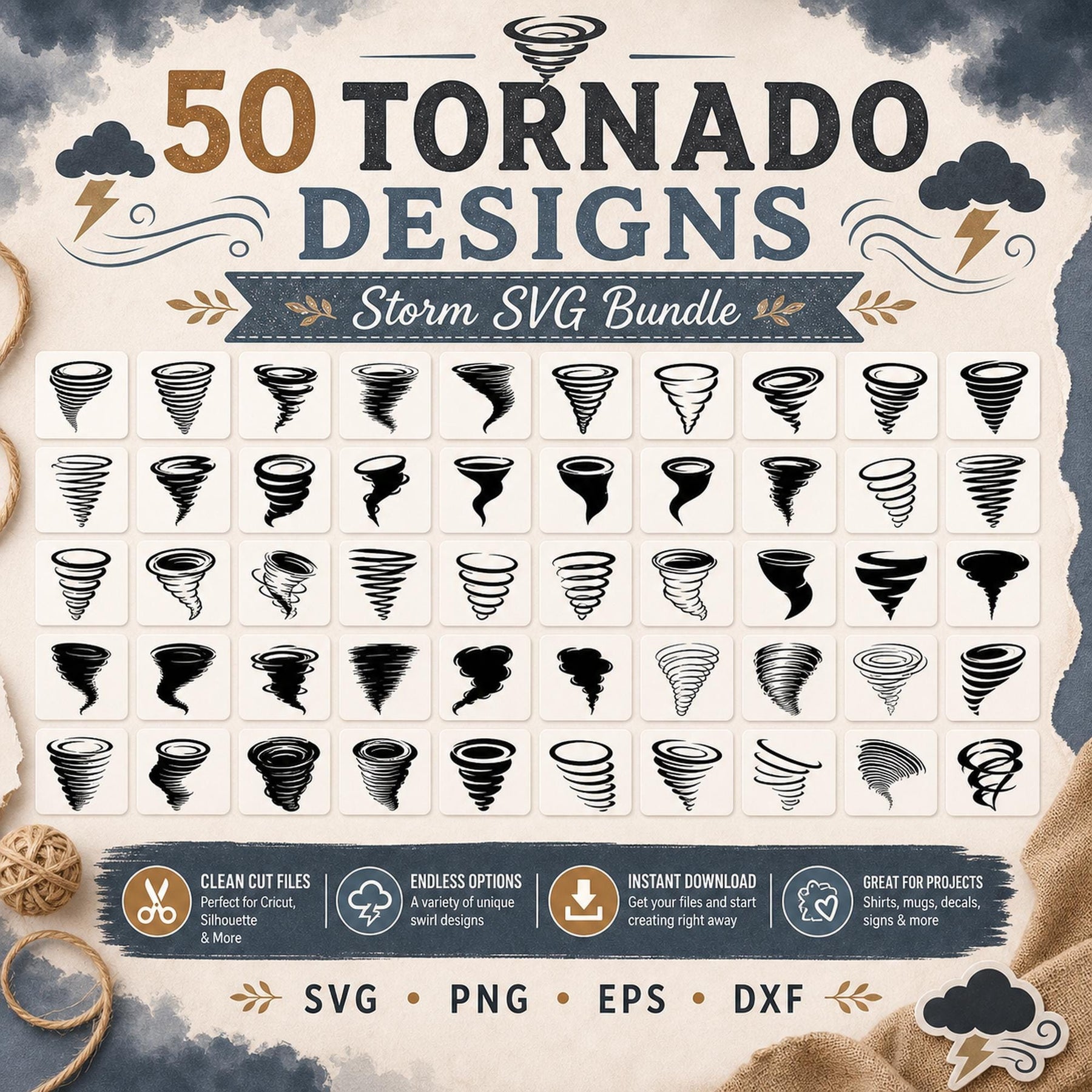 50 Tornado Silhouette SVG Bundle | Storm SVG Cut Files for Cricut | Twister Clipart P - image 7