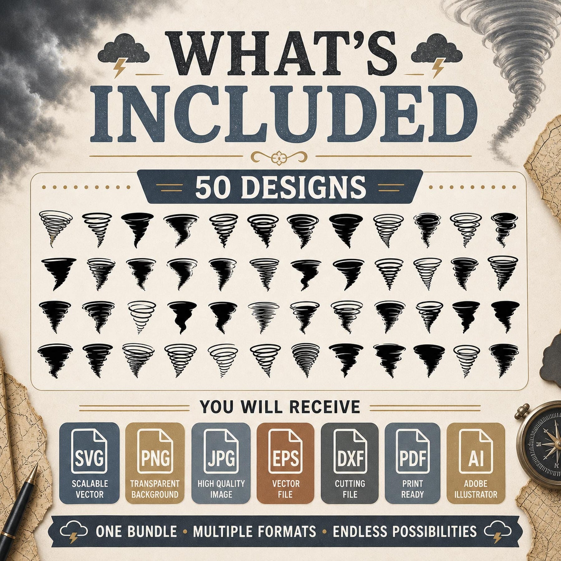 50 Tornado Silhouette SVG Bundle | Storm SVG Cut Files for Cricut | Twister Clipart P - image 8