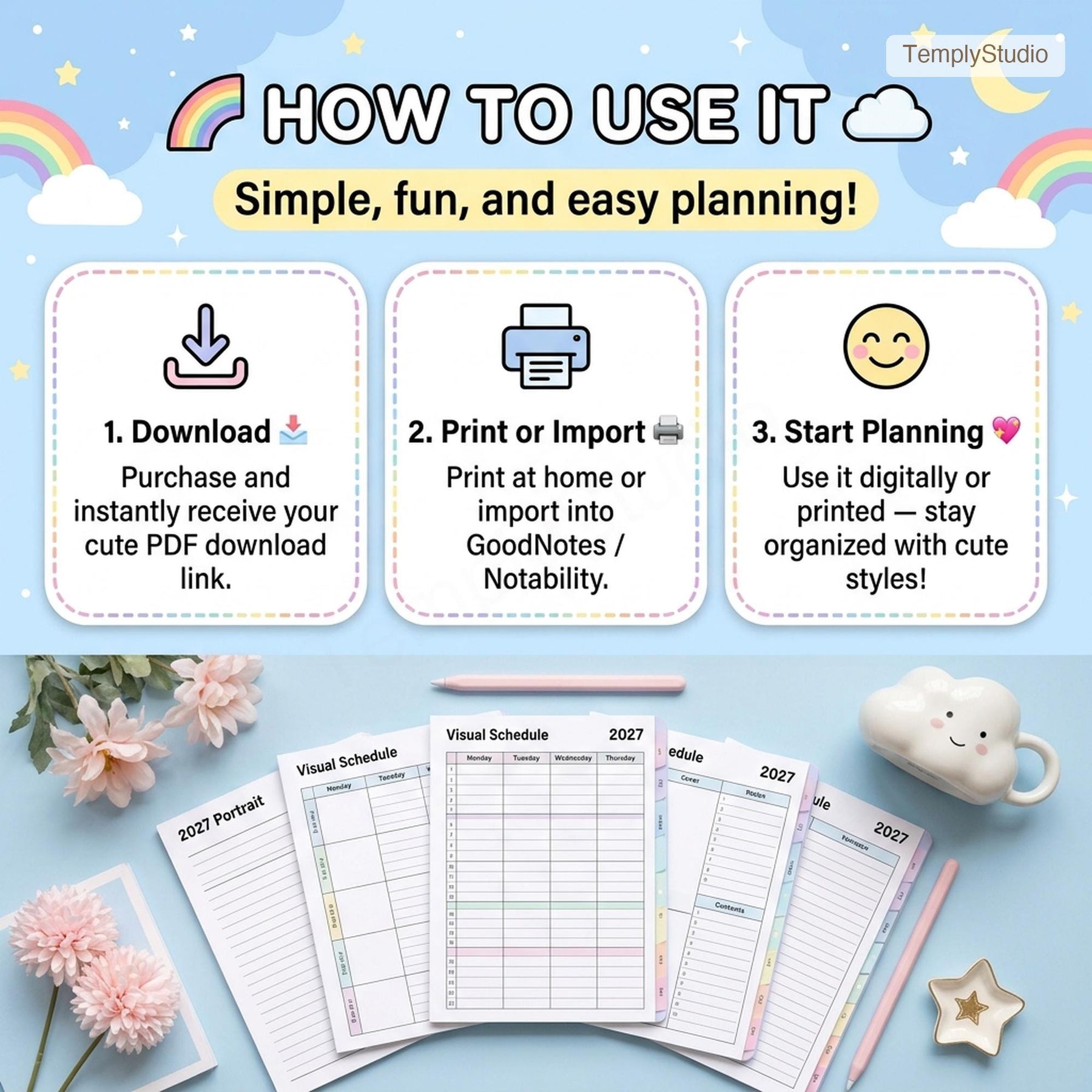 Undated Cute Digital Planner | Pastel Rainbow Planner for iPad compatible with GoodNo - image 10