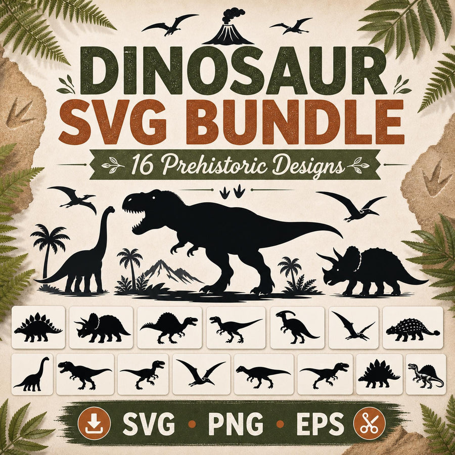 16 Dinosaur SVG Bundle Silhouette | Prehistoric Dino Clipart for Cutting Machines | T - image 1