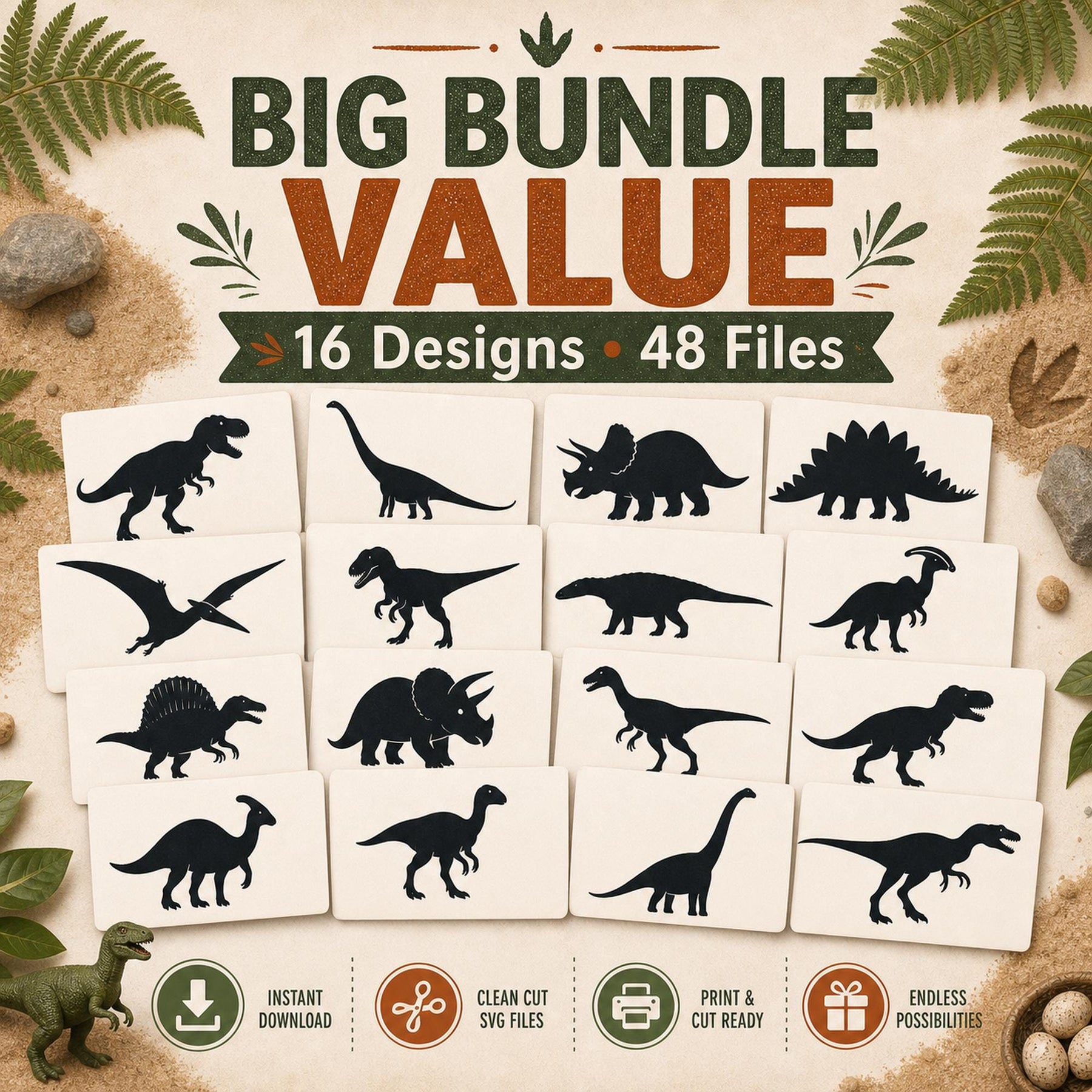 16 Dinosaur SVG Bundle Silhouette | Prehistoric Dino Clipart for Cutting Machines | T - image 9