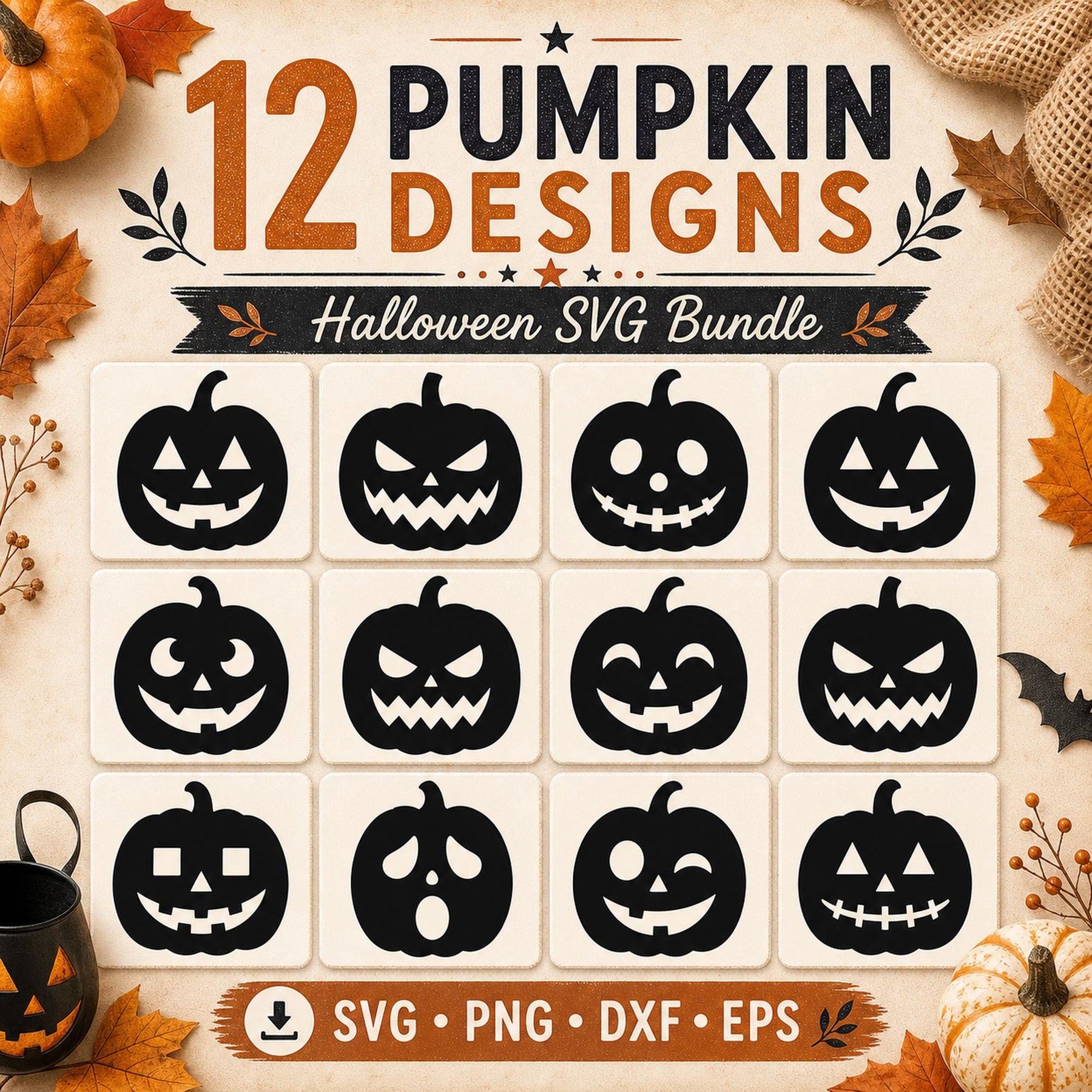 12 Pumpkin Face SVG Bundle | Jack O Lantern SVG | Halloween Cut Files | Spooky Pumpki - image 2