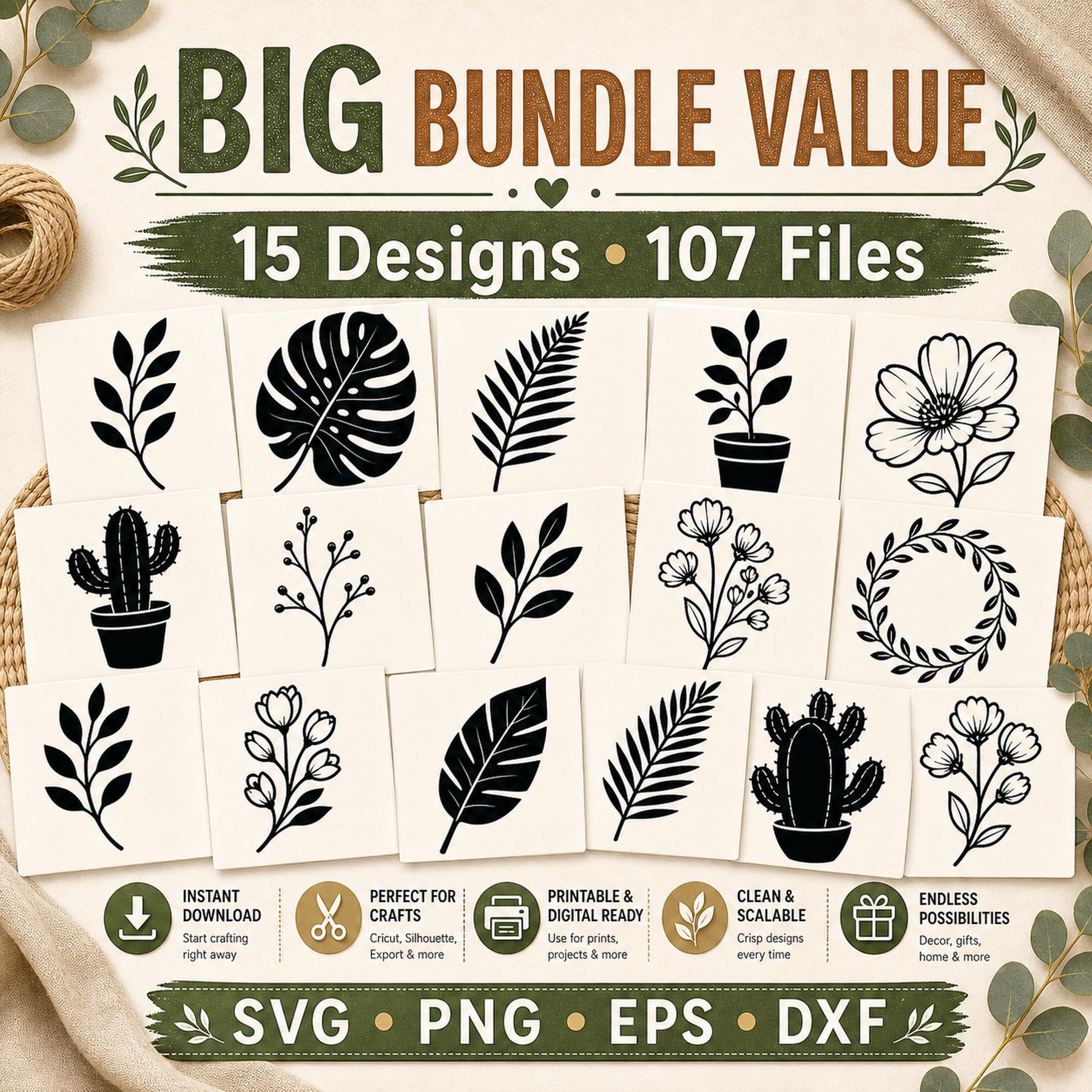15 Floral Leaves Silhouette SVG Bundle | Botanical Plant Cut Files for Cricut |  - image 9