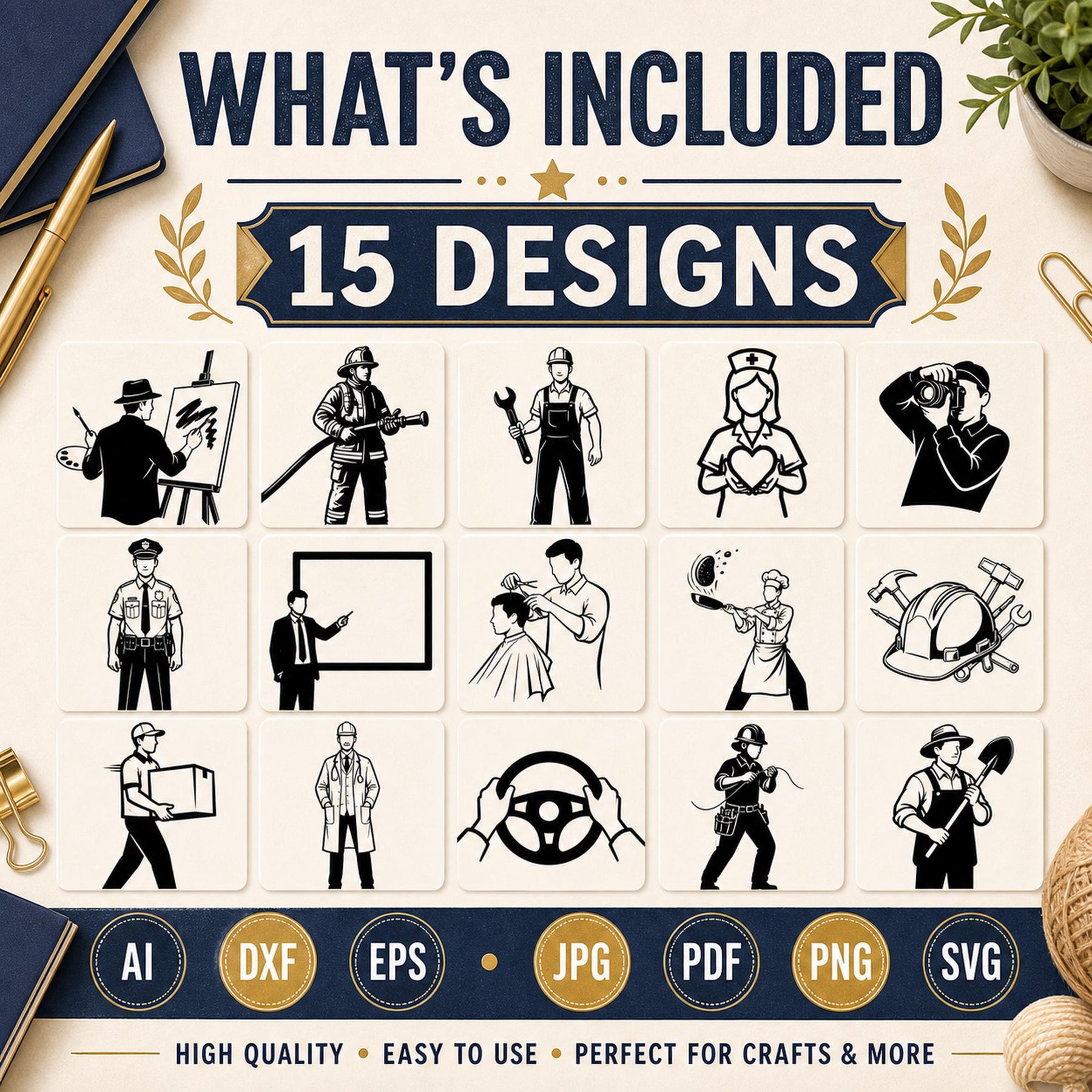 15 Professions SVG Bundle Silhouette | Career Job PNG Cut Files for Cricut | Com - image 3