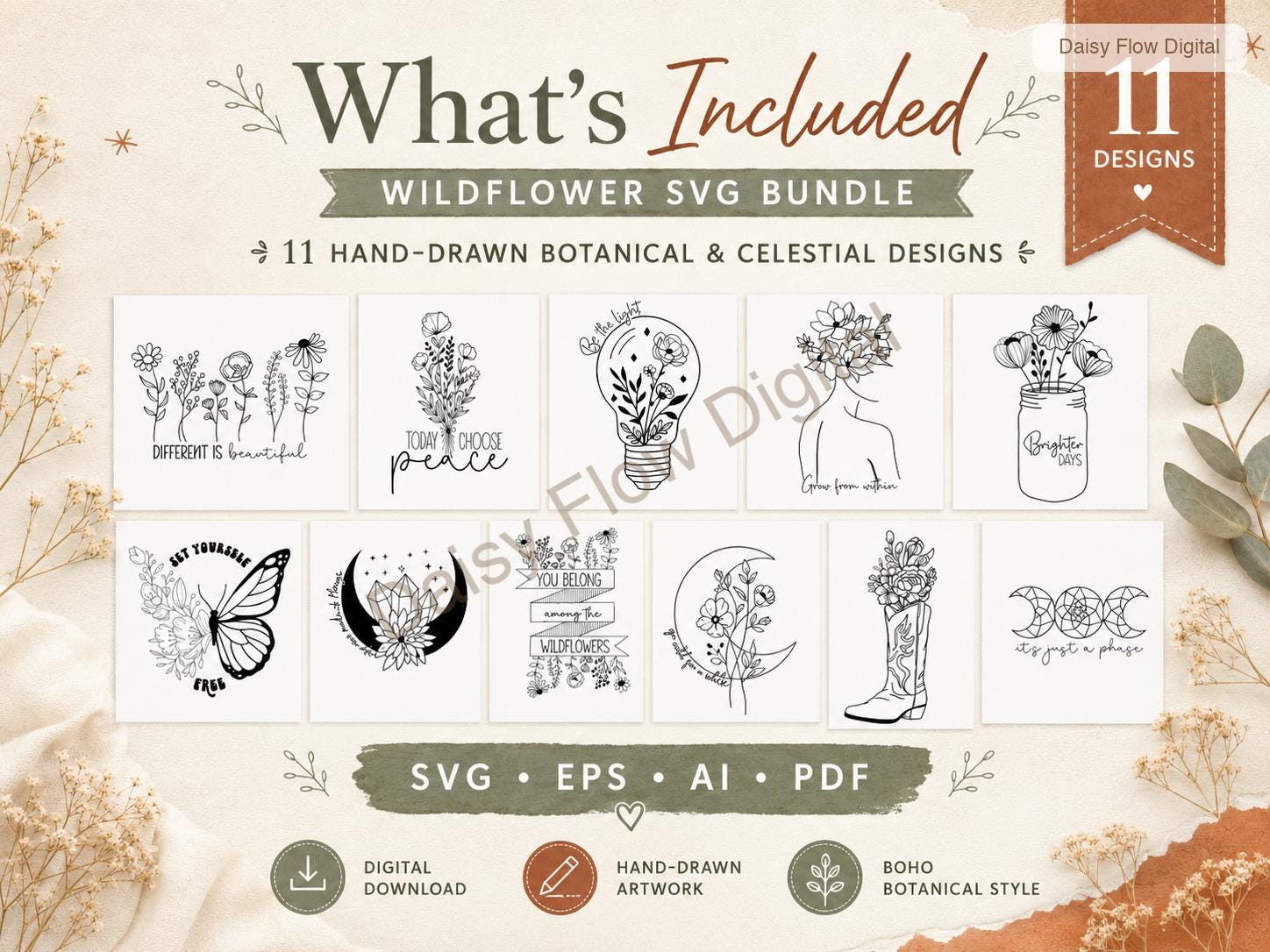 Wildflower SVG Bundle | Celestial SVG Line Art | Botanical Graphics | Moon and Stars - image 2