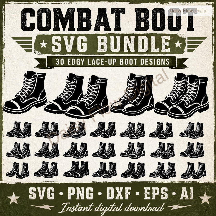Combat Boot SVG Bundle | 30 Boot Silhouette Clipart | Military Army Boot PNG | Goth P - image 1