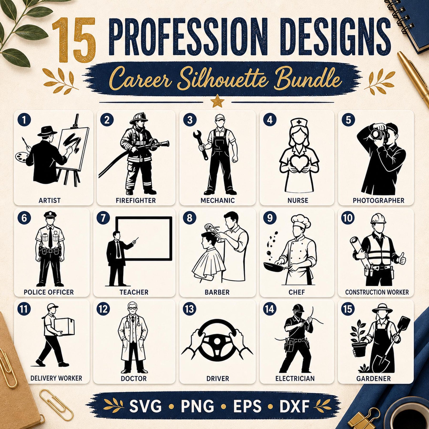 15 Professions SVG Bundle Silhouette | Career Job PNG Cut Files for Cricut | Com - image 2