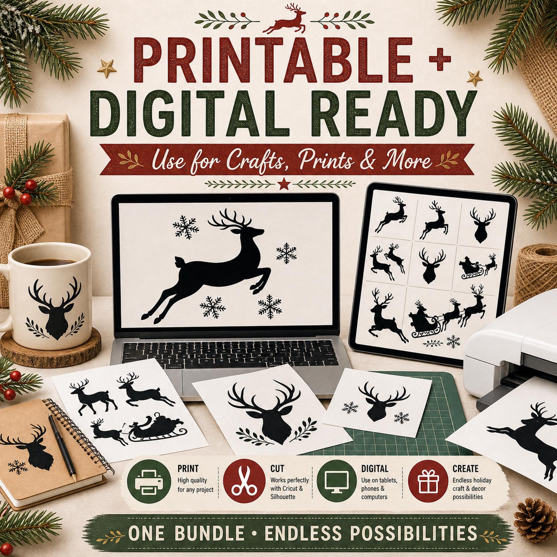 12 Reindeer Silhouette SVG Bundle | Christmas SVG compatible with Cricut | Santa Slei - image 8