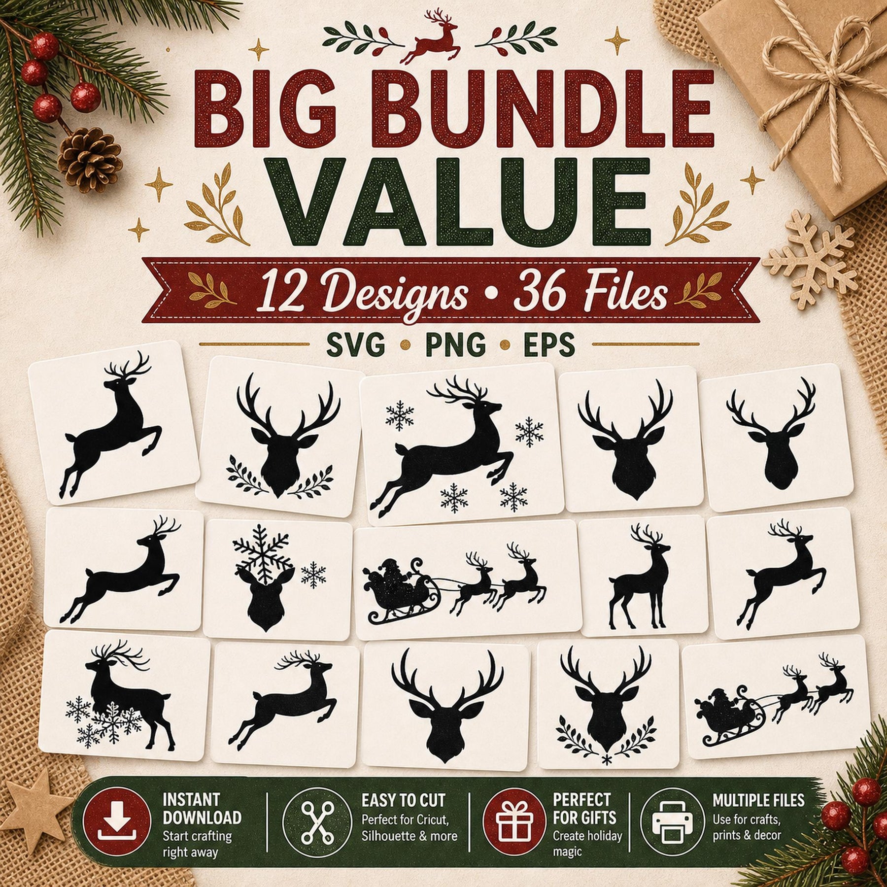 12 Reindeer Silhouette SVG Bundle | Christmas SVG compatible with Cricut | Santa Slei - image 10